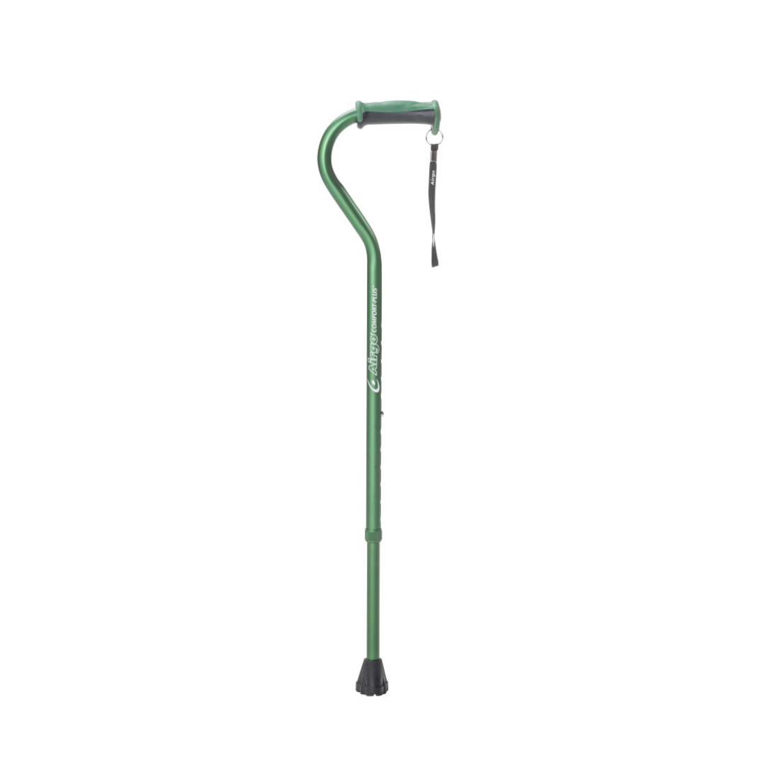 The Drive Airgo Comfort-Plus Aluminum Cane with Offset Handle features a green metal frame, curved grip, black rubber wrist strap, and sturdy black tip—offering comfort and support for daily use. Shown on a plain white background.